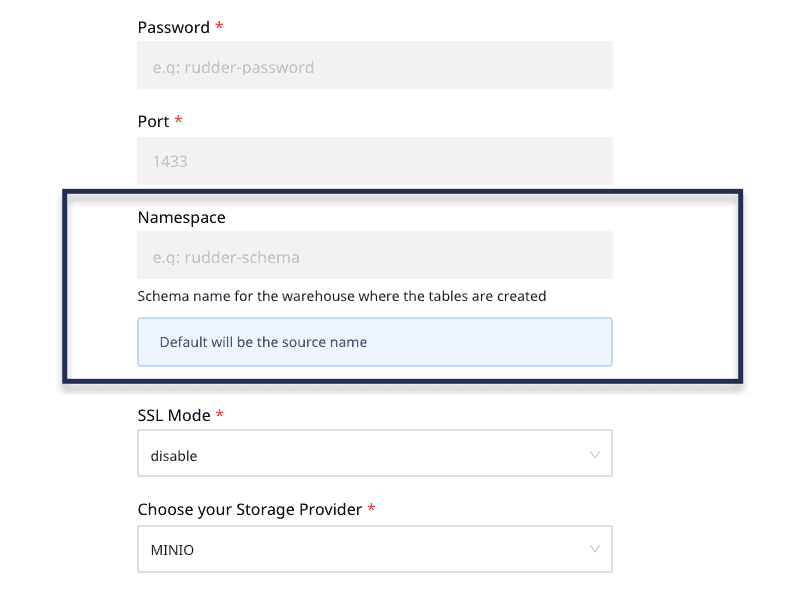 Set namespace in the destination settings