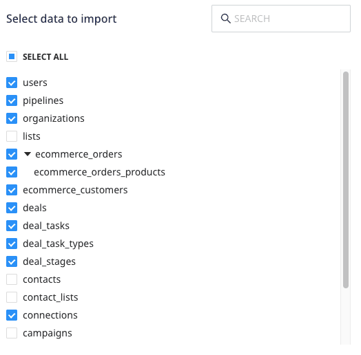 Selecting the data to import