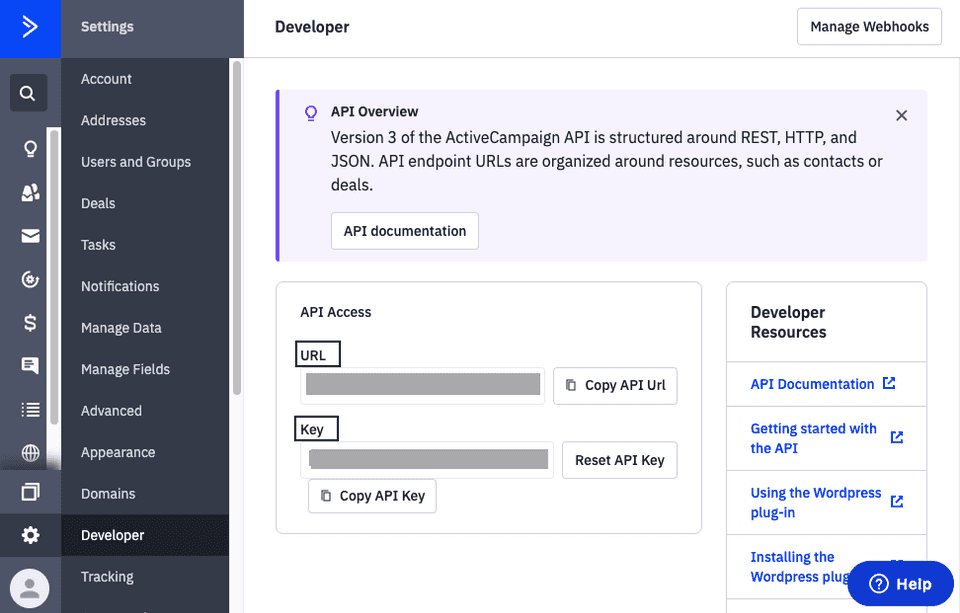 ActiveCampaign API key and URL