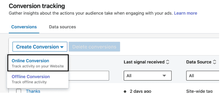 LinkedIn Insight online conversion option