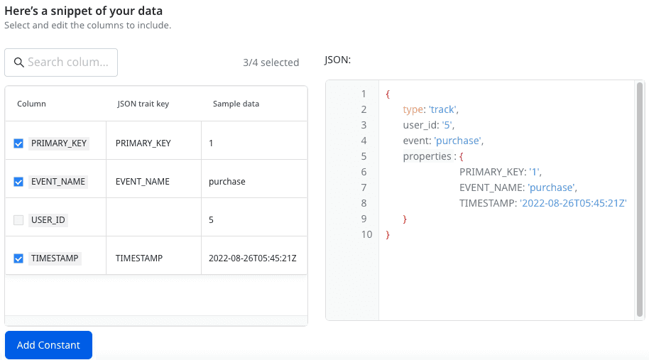 Data snippet preview