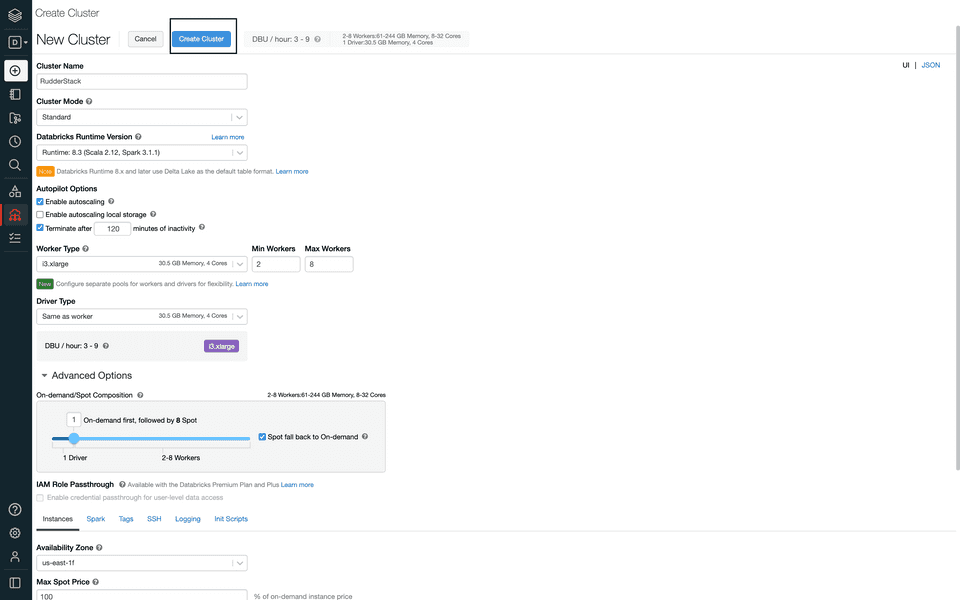 Delta Lake create cluster option